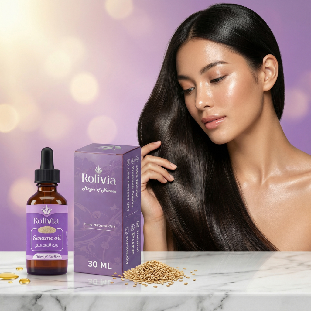 Woman with long hair next to Rolivia sesame oil bottle and packaging on a marble surface with a purple gradient background.