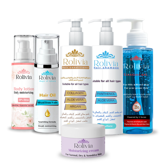 شنطة روليفيا غسول الوجه + شامبو خالي من السالفات + لوشن مرطب للجسم + كريم مرطب للبشرة + ميكس زيوت روليفيا لتصفيف الشعر + بلسم للشعر روليفيا