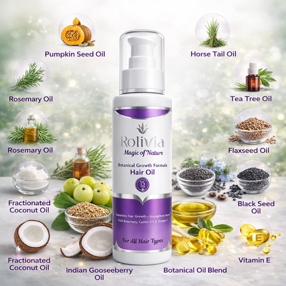 عرض 1+1 زيت روليفيا لتغذية الشعر بخليط 15 زيت طبيعي – 120 مل | Botanical Growth Formula Hair Oil