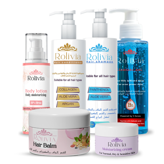شنطة روليفيا غسول الوجه + شامبو خالي من السالفات + لوشن مرطب للجسم + كريم مرطب للبشرة + هير بالم واكس لتصفيف الشعر + بلسم الشعر روليفيا