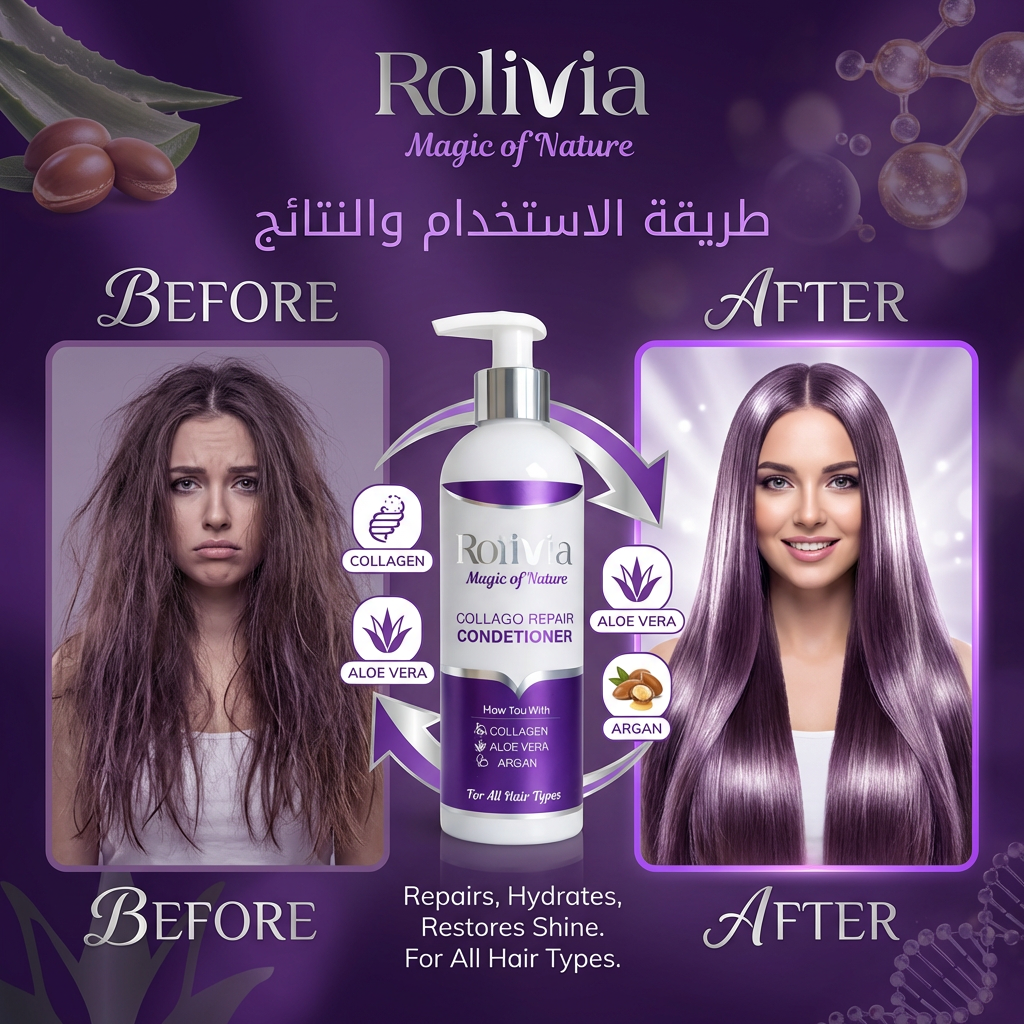 Advertisement for Rolivia hair conditioner showing a before and after effect on hair.