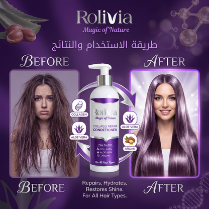Advertisement for Rolivia hair conditioner showing a before and after effect on hair.
