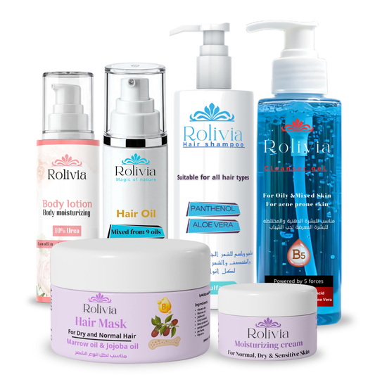 شنطة روليفيا غسول الوجه + شامبو خالي من السالفات + لوشن مرطب للجسم + كريم مرطب للبشرة + ميكس زيوت روليفيا لتصفيف الشعر + حمام كريم روليفيا