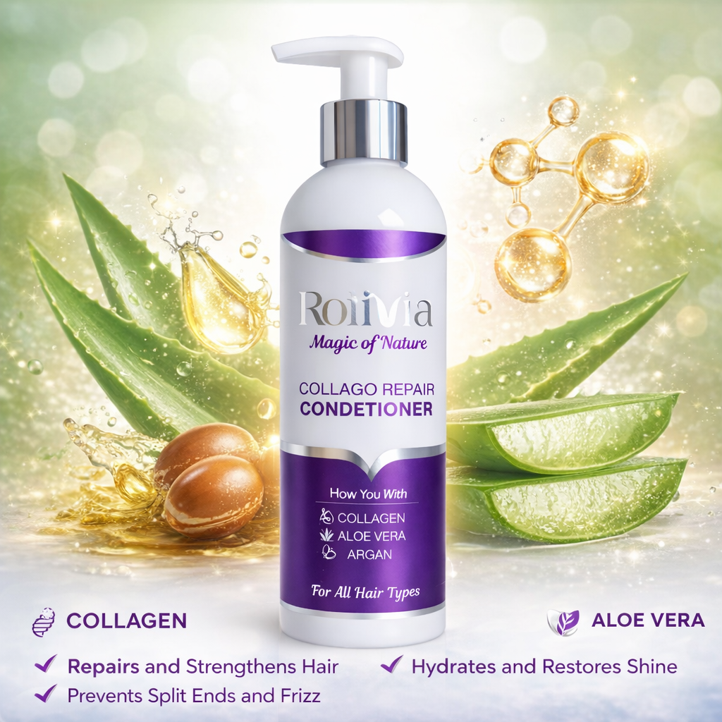 Rolivia Collago Repair Conditioner bottle with aloe vera leaves and argan oil on a glowing background