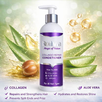 Rolivia Collago Repair Conditioner bottle with aloe vera leaves and argan oil on a glowing background