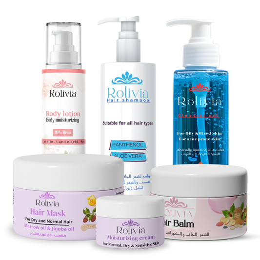 شنطة روليفيا غسول الوجه + شامبو خالي من السالفات + لوشن مرطب للجسم + كريم مرطب للبشرة + هير بالم واكس لتصفيف الشعر + حمام كريم روليفيا