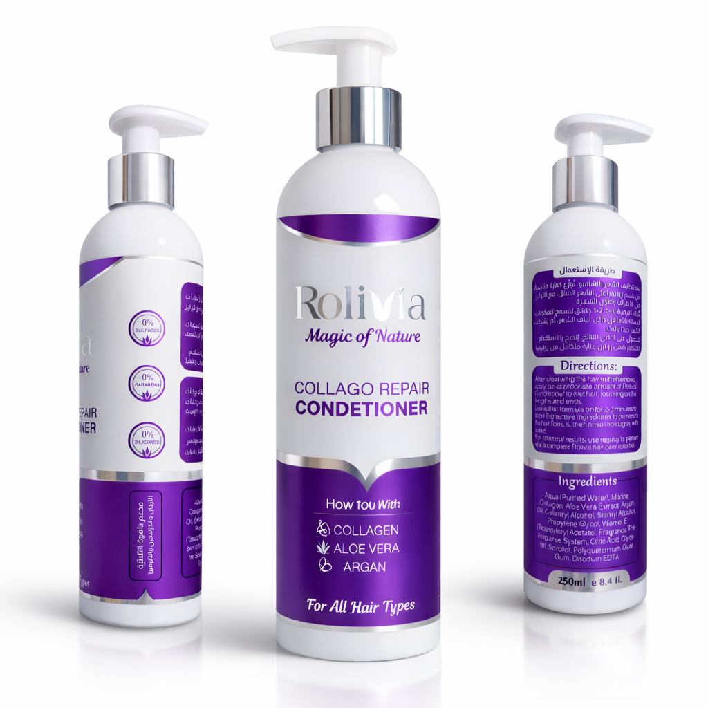 Three bottles of Rolivia Collago Repair Conditioner on a white background